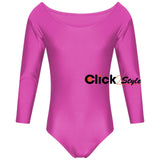 Kids Girls School Uniform Leotard Long Sleeve Sports Gymnastics Ballet Dance -Pink