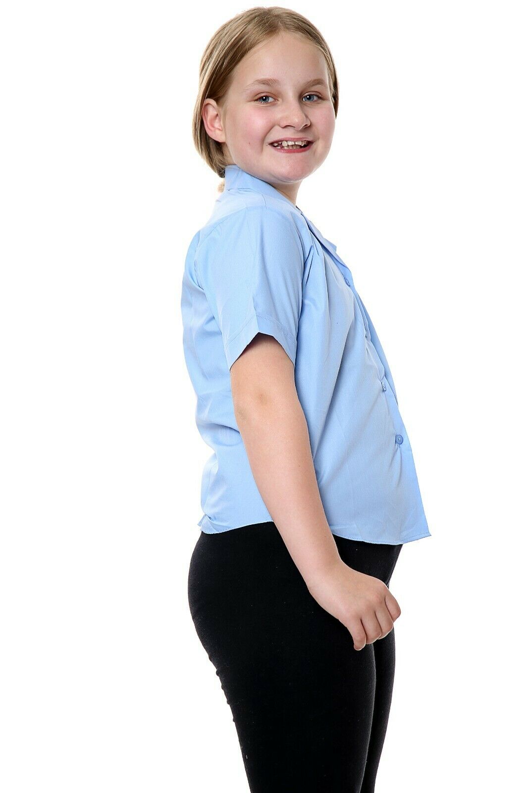 Kids Girls Revere Collar Blouse School Uniform Shirts Blue Short Sleeve
