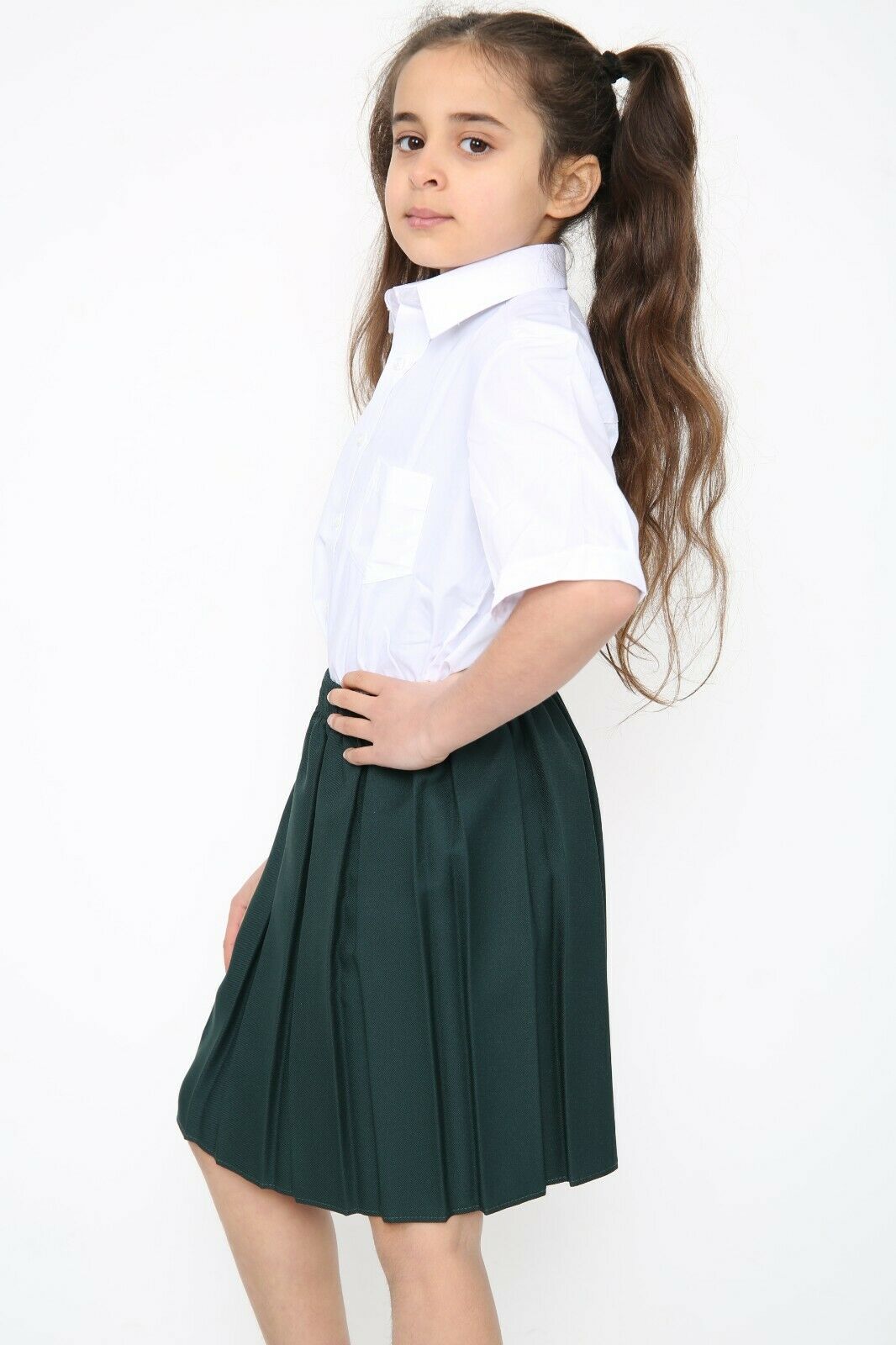 Girls School Uniform Skirt Box Pleated Elasticated Waist -Green