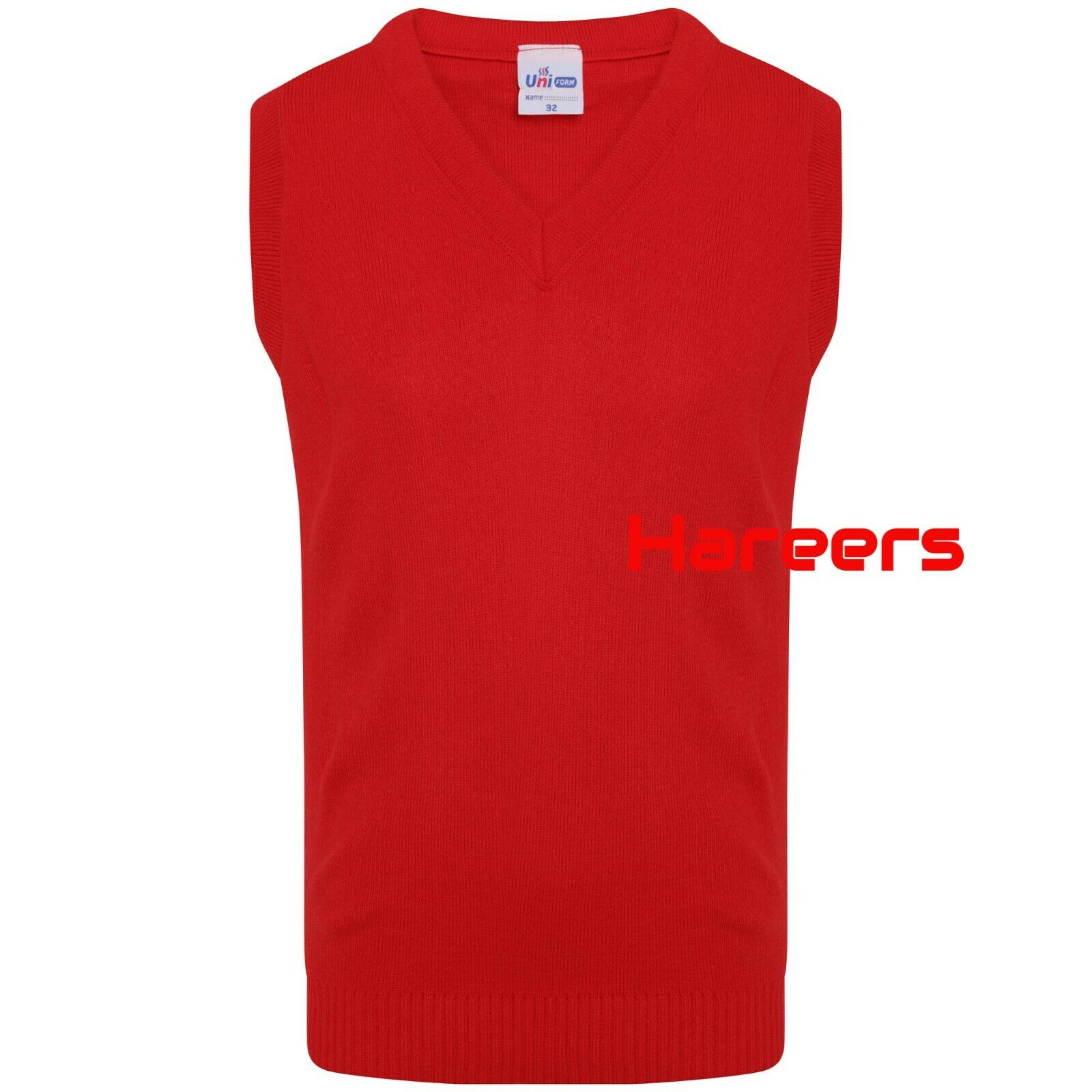 School Uniform Unisex Boys Girls Kids V Neck Knitted Sleeveless Tank Top Jumper -Red