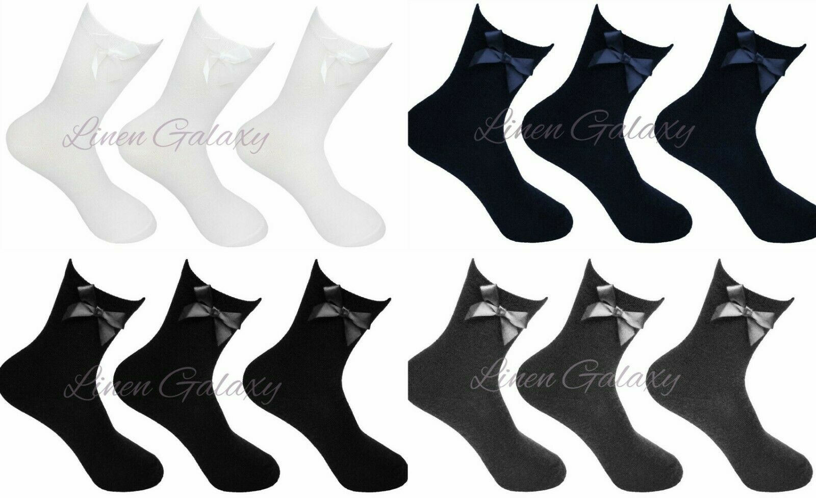3 Pairs Kids Girls Ankle Bow Socks School Uniform Party -Black